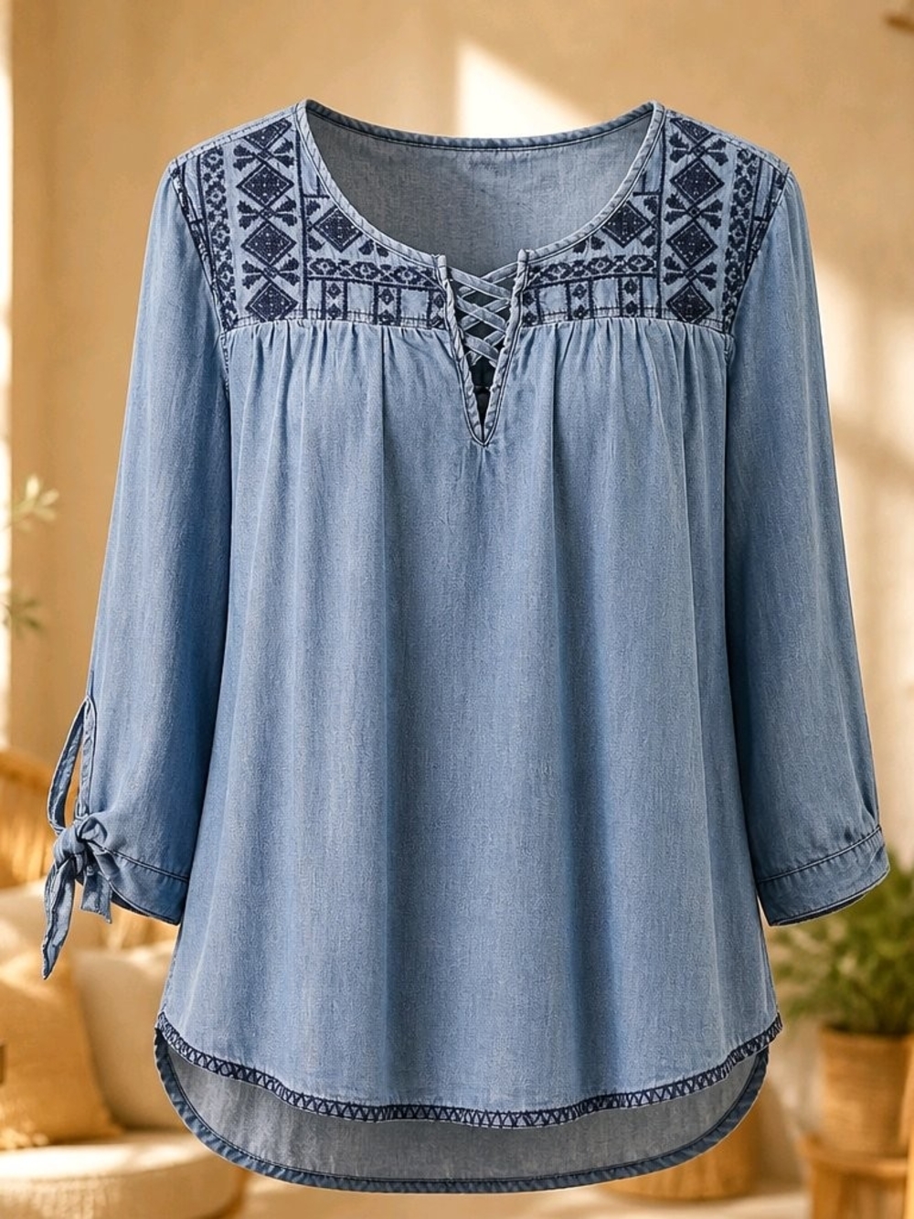 Westport Blue Embroidered Lace-Up Chambray Tunic